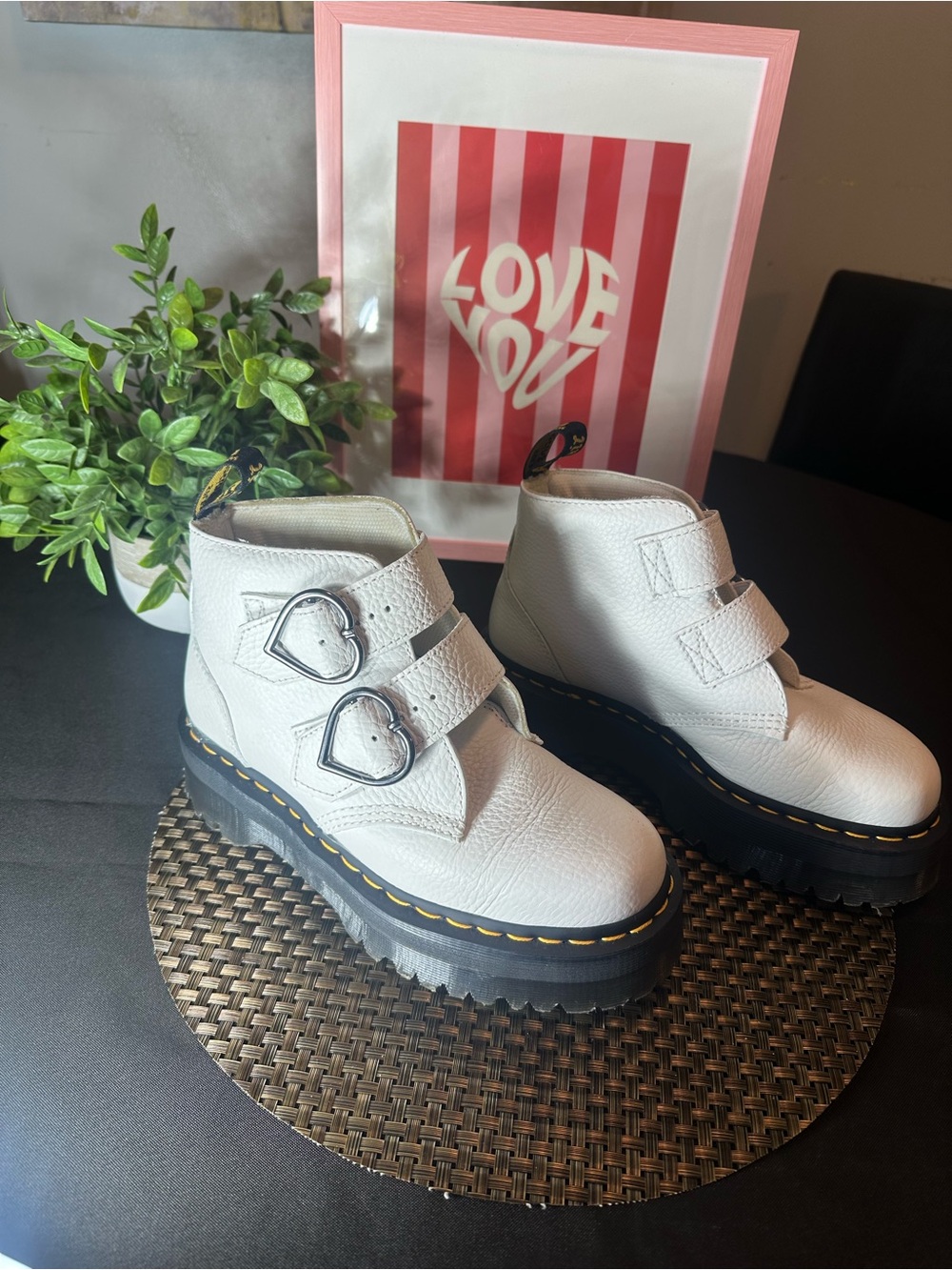 Dr. Martens White Leather Platform Ankle Boots with Black Pull-Tab